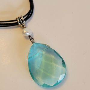 Crystal Necklace Faceted Teardrop Pendant on 3 strand Black Leather Cord, New